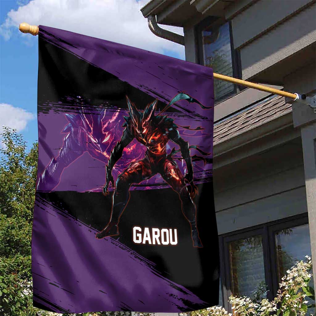 Garou One Punch Man Anime Purple and Black Theme Garden Flag with Hero and Monster Forms in Dynamic Battle Pose - The Mazicc
