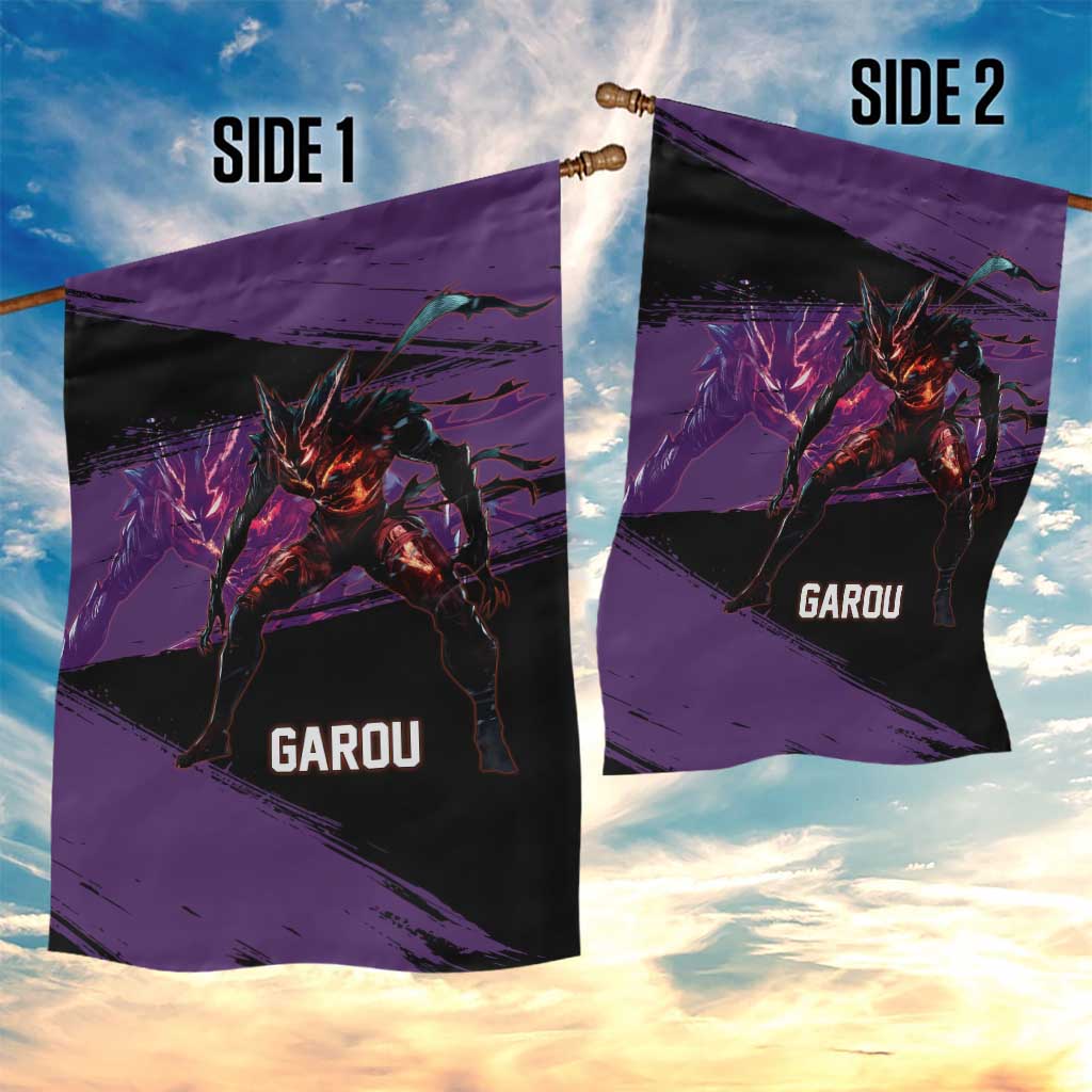 Garou One Punch Man Anime Purple and Black Theme Garden Flag with Hero and Monster Forms in Dynamic Battle Pose - The Mazicc