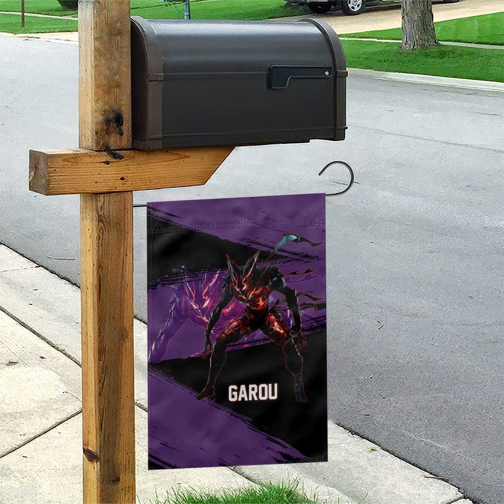Garou One Punch Man Anime Purple and Black Theme Garden Flag with Hero and Monster Forms in Dynamic Battle Pose - The Mazicc