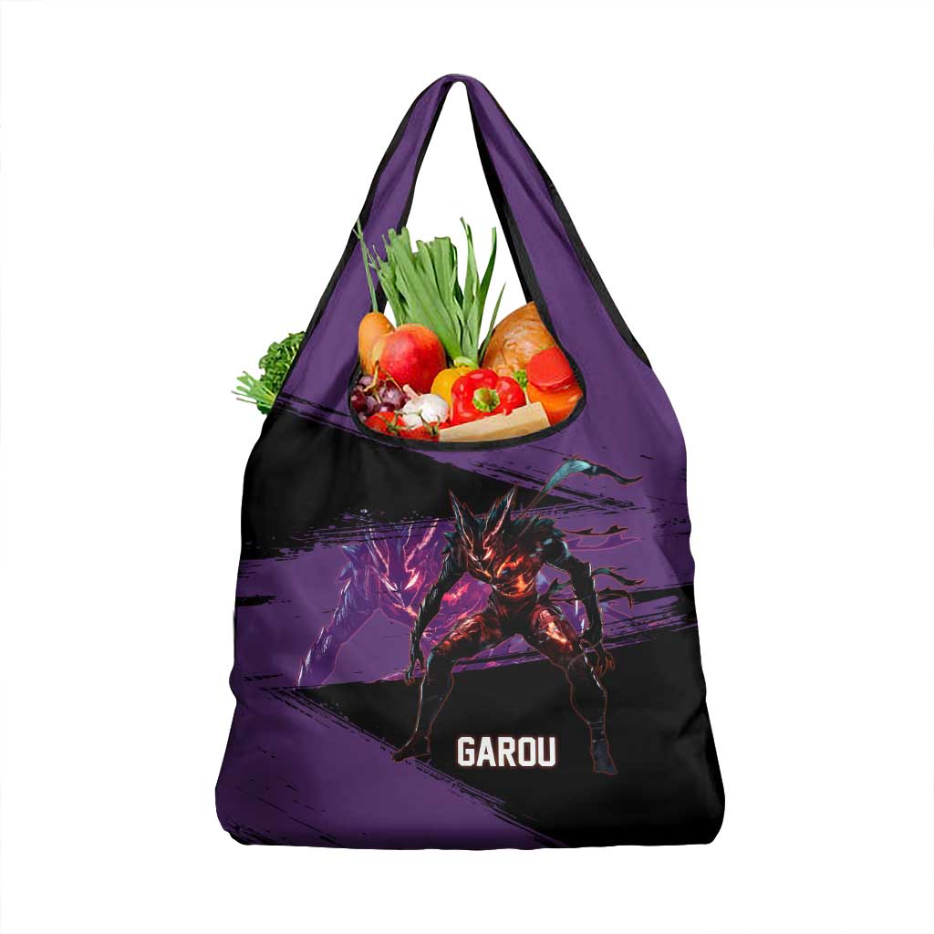 Garou One Punch Man Anime Purple and Black Theme Grocery Bag with Hero and Monster Forms in Dynamic Battle Pose - The Mazicc