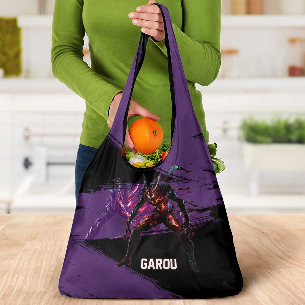 Garou One Punch Man Anime Purple and Black Theme Grocery Bag with Hero and Monster Forms in Dynamic Battle Pose - The Mazicc