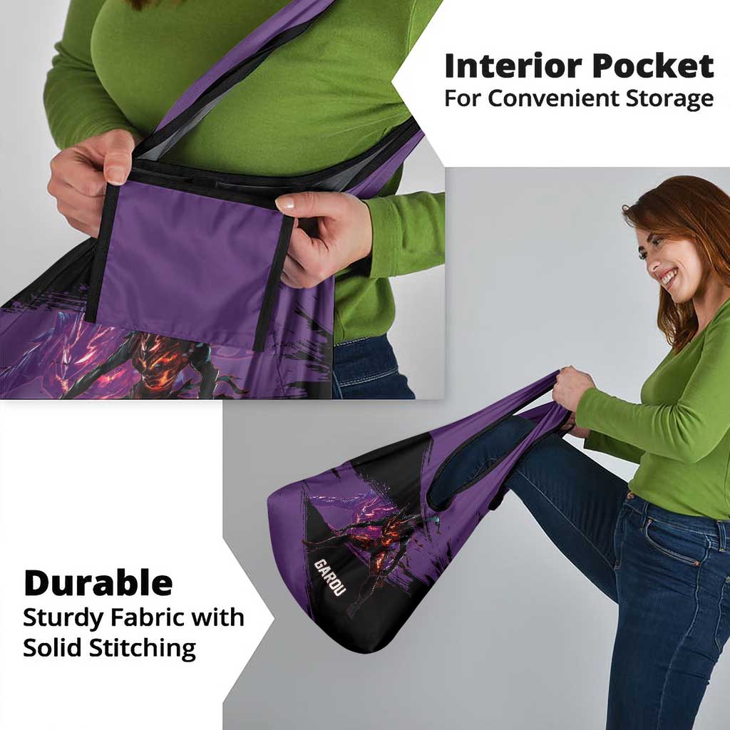 Garou One Punch Man Anime Purple and Black Theme Grocery Bag with Hero and Monster Forms in Dynamic Battle Pose - The Mazicc