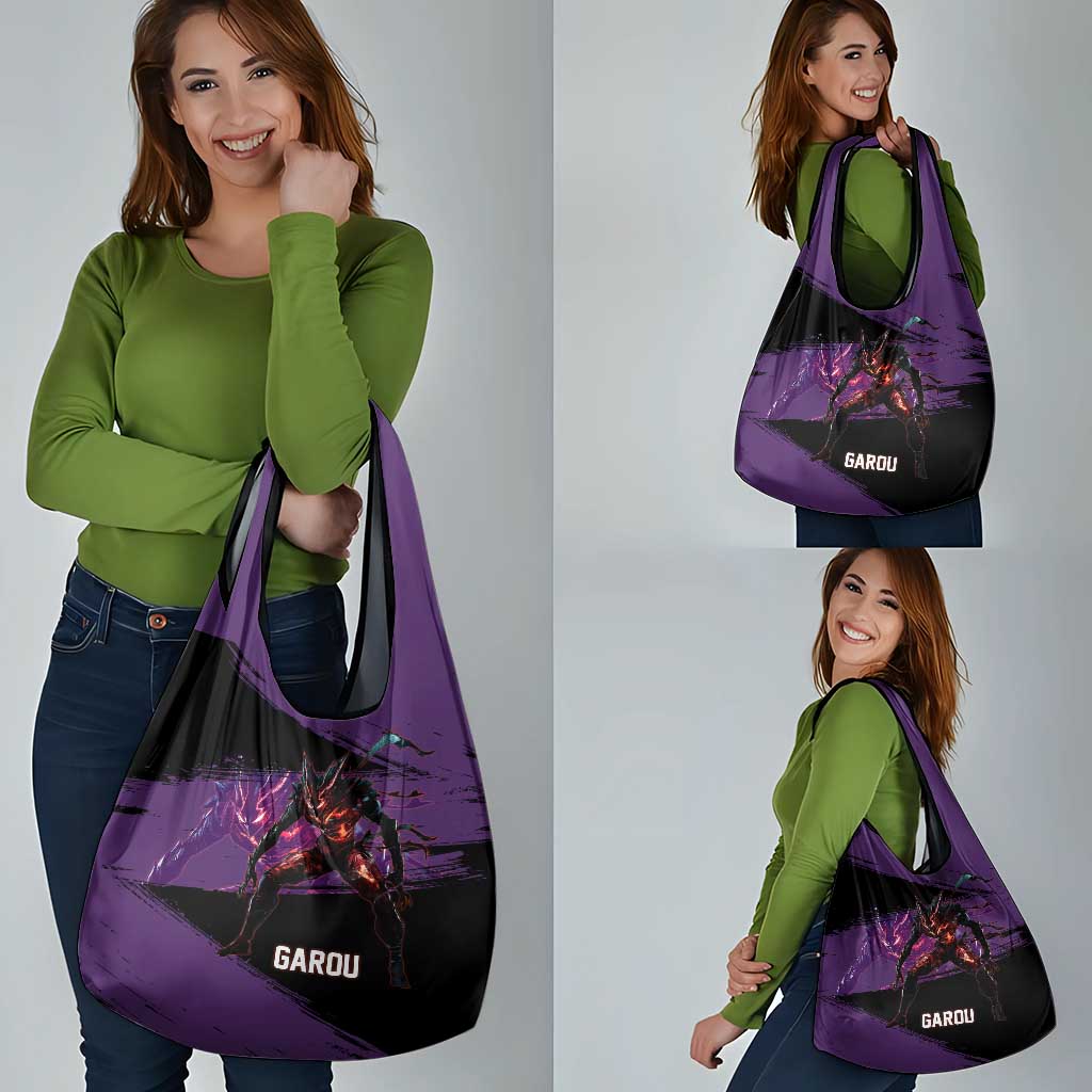 Garou One Punch Man Anime Purple and Black Theme Grocery Bag with Hero and Monster Forms in Dynamic Battle Pose - The Mazicc