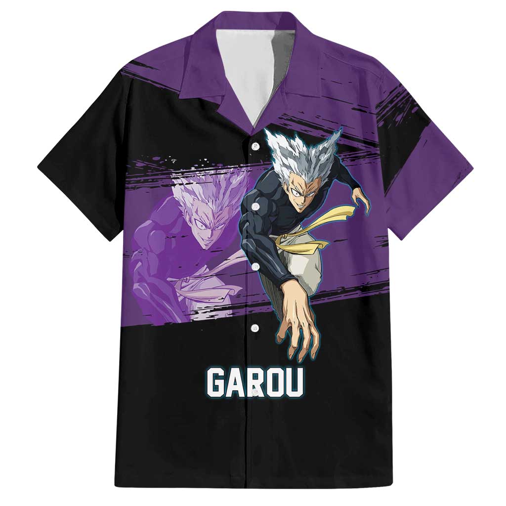 Garou One Punch Man Anime Purple and Black Theme Hawaiian Shirt with Hero and Monster Forms in Dynamic Battle Pose - The Mazicc