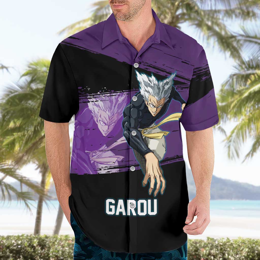 Garou One Punch Man Anime Purple and Black Theme Hawaiian Shirt with Hero and Monster Forms in Dynamic Battle Pose - The Mazicc