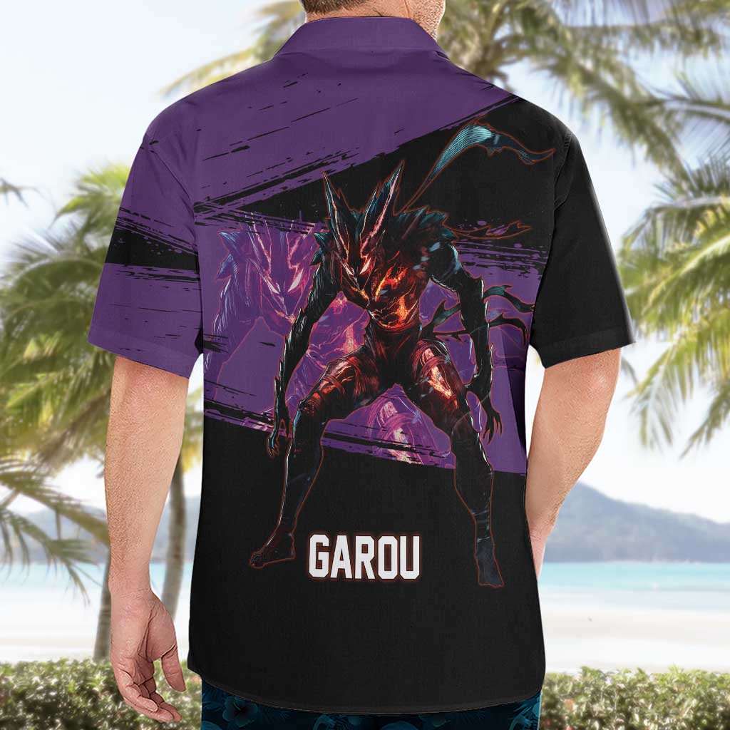 Garou One Punch Man Anime Purple and Black Theme Hawaiian Shirt with Hero and Monster Forms in Dynamic Battle Pose - The Mazicc