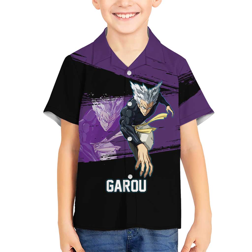 Garou One Punch Man Anime Purple and Black Theme Hawaiian Shirt with Hero and Monster Forms in Dynamic Battle Pose - The Mazicc