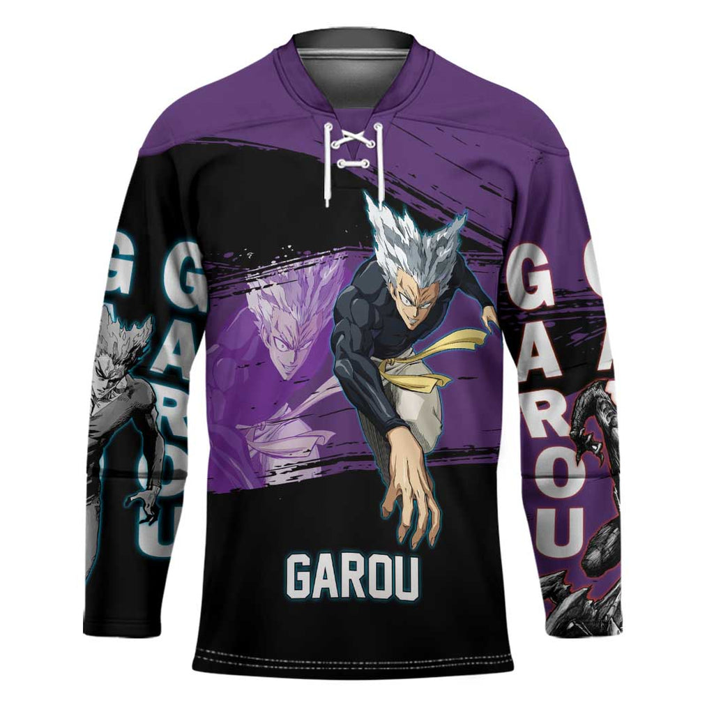 Garou One Punch Man Anime Purple and Black Theme Hockey Jersey with Hero and Monster Forms in Dynamic Battle Pose - The Mazicc