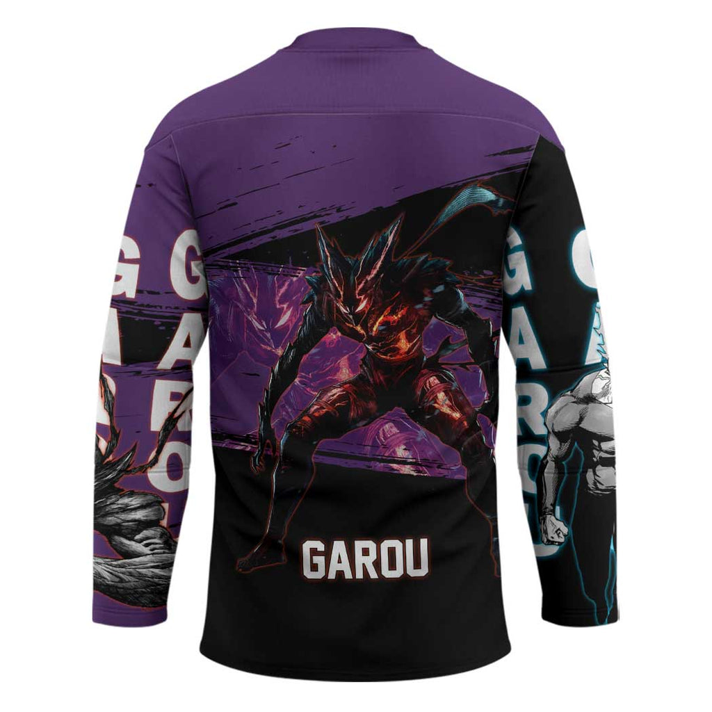 Garou One Punch Man Anime Purple and Black Theme Hockey Jersey with Hero and Monster Forms in Dynamic Battle Pose - The Mazicc