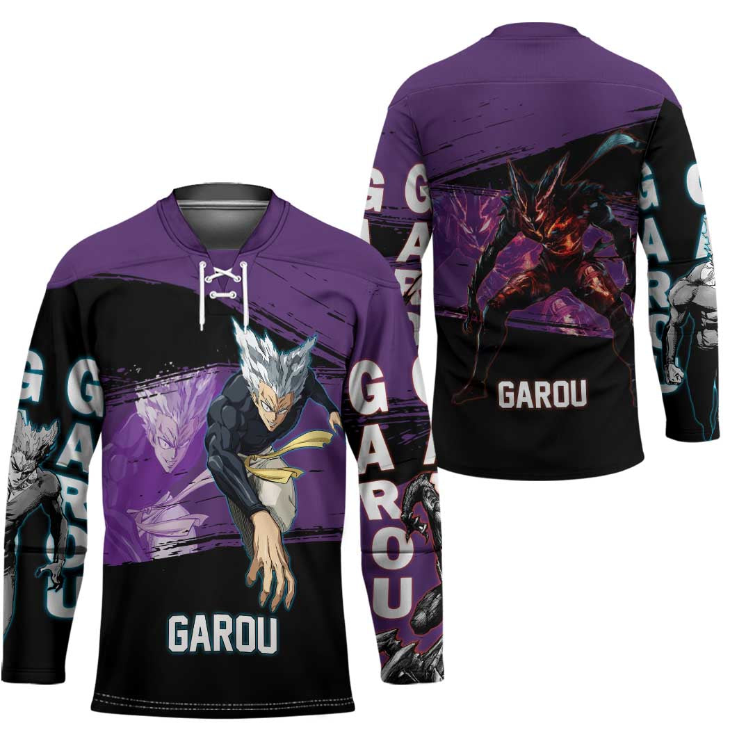 Garou One Punch Man Anime Purple and Black Theme Hockey Jersey with Hero and Monster Forms in Dynamic Battle Pose - The Mazicc