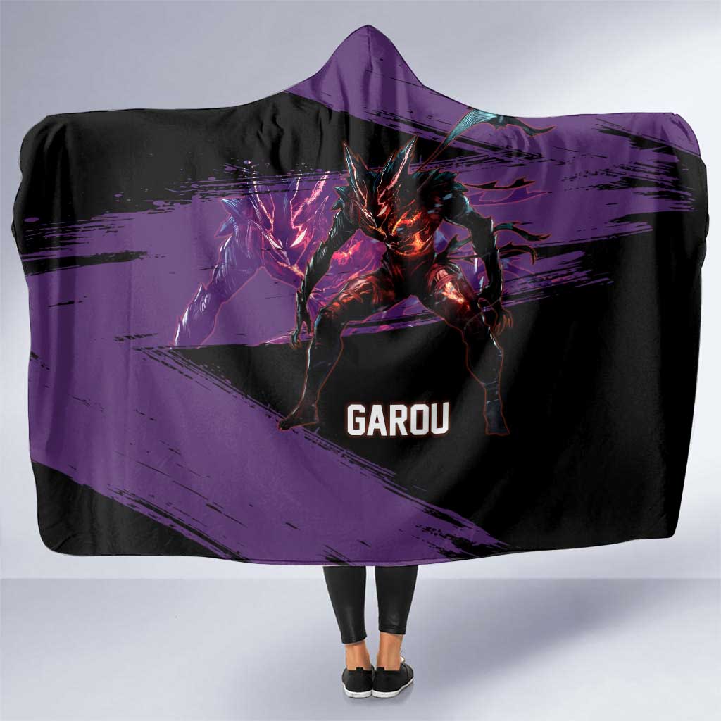Garou One Punch Man Anime Purple and Black Theme Hooded Blanket with Hero and Monster Forms in Dynamic Battle Pose - The Mazicc