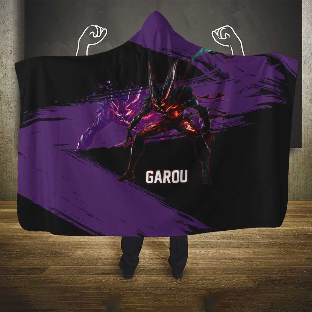 Garou One Punch Man Anime Purple and Black Theme Hooded Blanket with Hero and Monster Forms in Dynamic Battle Pose - The Mazicc