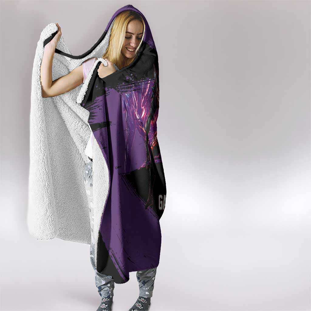 Garou One Punch Man Anime Purple and Black Theme Hooded Blanket with Hero and Monster Forms in Dynamic Battle Pose - The Mazicc
