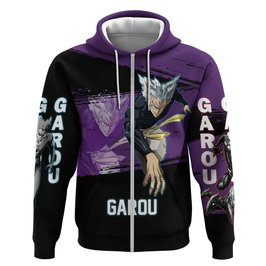 Garou One Punch Man Anime Purple and Black Theme Hoodie with Hero and Monster Forms in Dynamic Battle Pose - The Mazicc