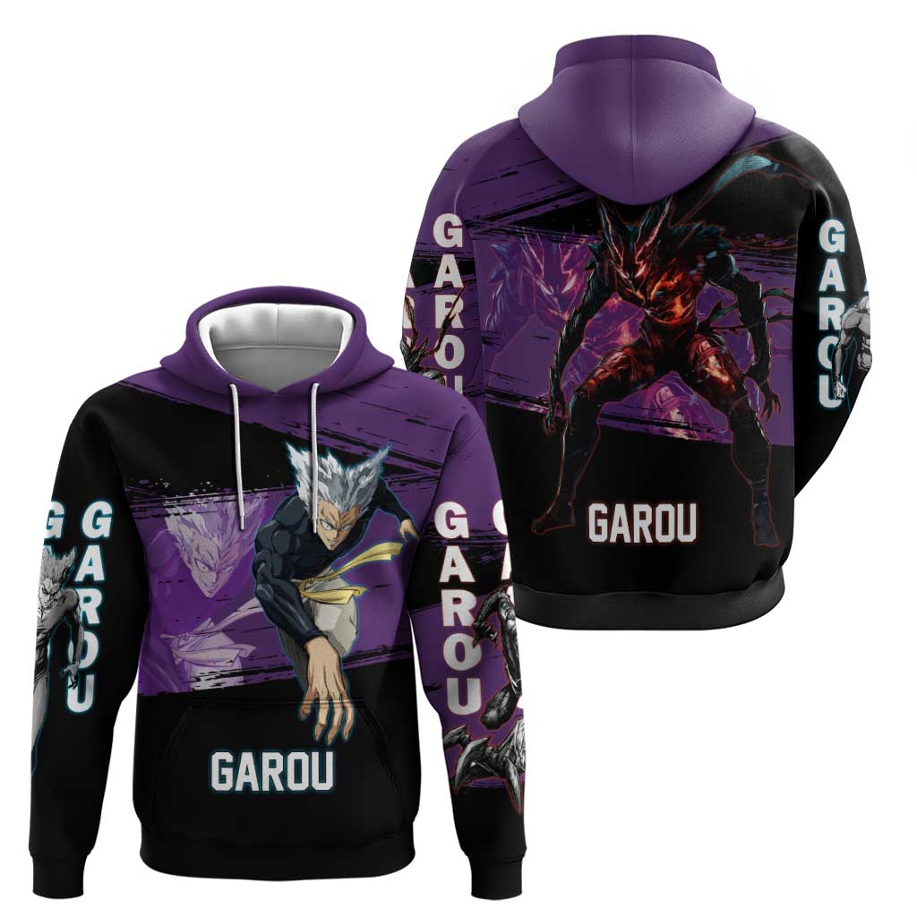 Garou One Punch Man Anime Purple and Black Theme Hoodie with Hero and Monster Forms in Dynamic Battle Pose - The Mazicc