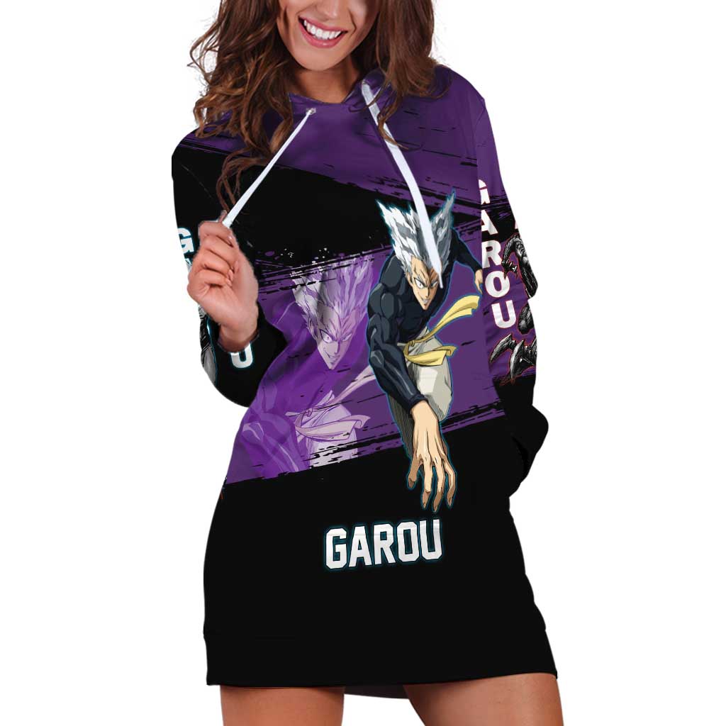 Garou One Punch Man Anime Purple and Black Theme Hoodie Dress with Hero and Monster Forms in Dynamic Battle Pose - The Mazicc