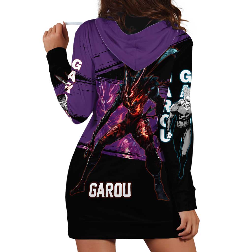 Garou One Punch Man Anime Purple and Black Theme Hoodie Dress with Hero and Monster Forms in Dynamic Battle Pose - The Mazicc