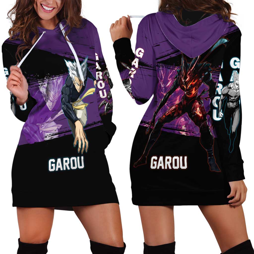 Garou One Punch Man Anime Purple and Black Theme Hoodie Dress with Hero and Monster Forms in Dynamic Battle Pose - The Mazicc