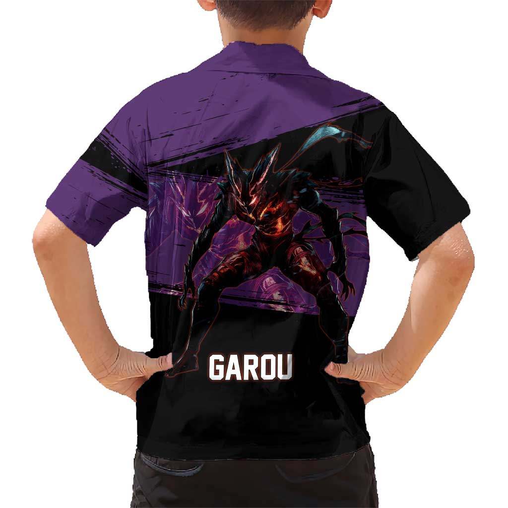 Garou One Punch Man Anime Purple and Black Theme Kid Hawaiian Shirt with Hero and Monster Forms in Dynamic Battle Pose - The Mazicc
