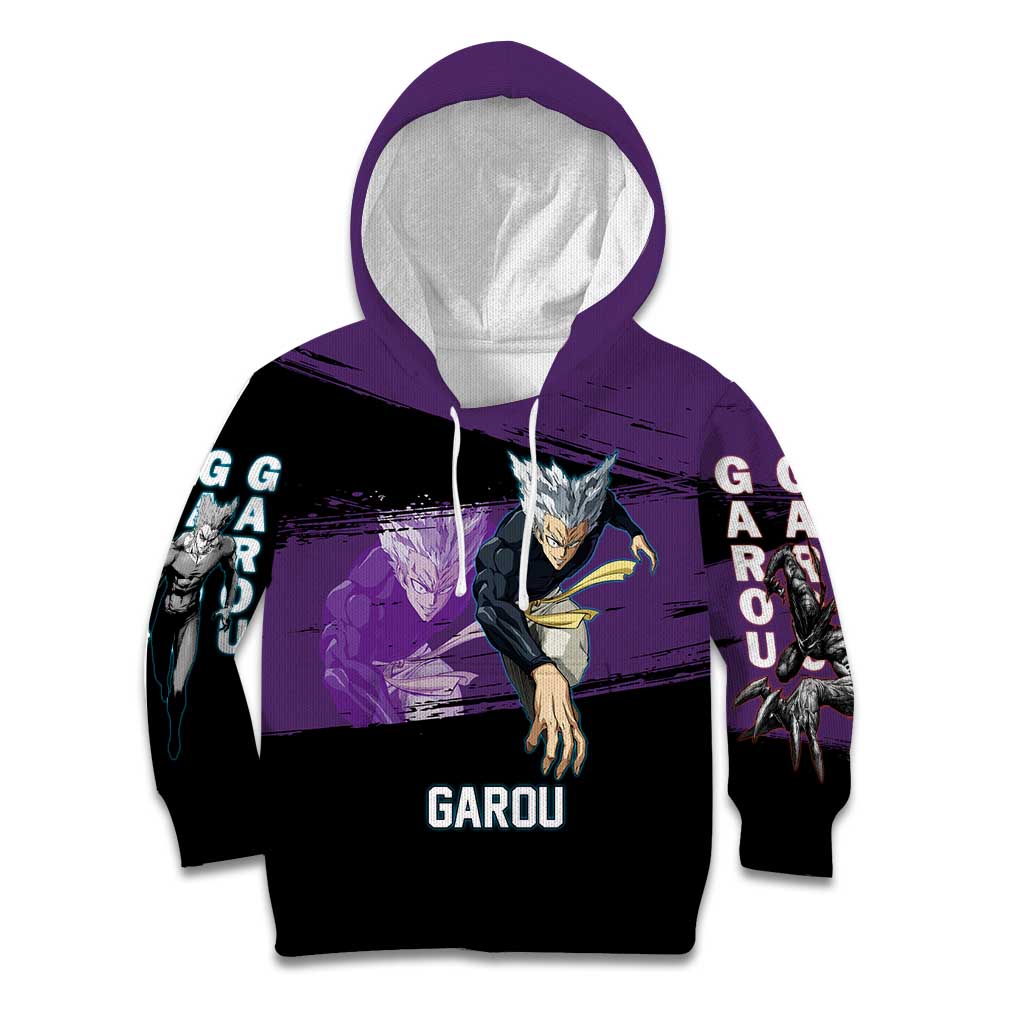 Garou One Punch Man Anime Purple and Black Theme Kid Hoodie with Hero and Monster Forms in Dynamic Battle Pose - The Mazicc