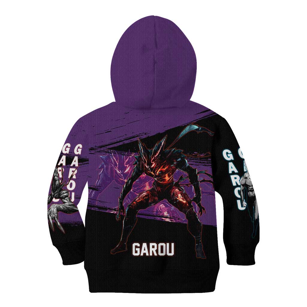 Garou One Punch Man Anime Purple and Black Theme Kid Hoodie with Hero and Monster Forms in Dynamic Battle Pose - The Mazicc