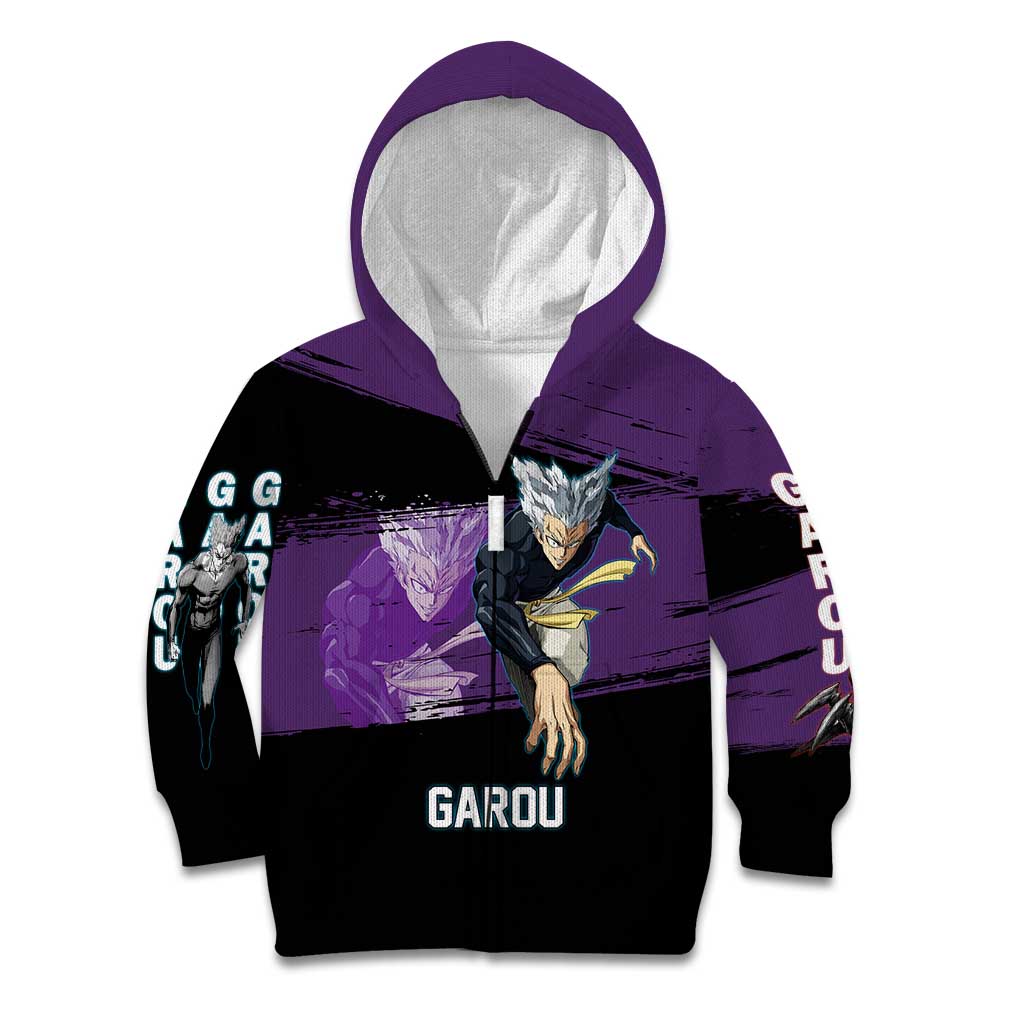 Garou One Punch Man Anime Purple and Black Theme Kid Hoodie with Hero and Monster Forms in Dynamic Battle Pose - The Mazicc