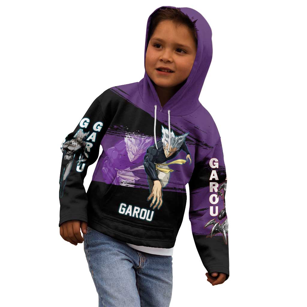 Garou One Punch Man Anime Purple and Black Theme Kid Hoodie with Hero and Monster Forms in Dynamic Battle Pose - The Mazicc