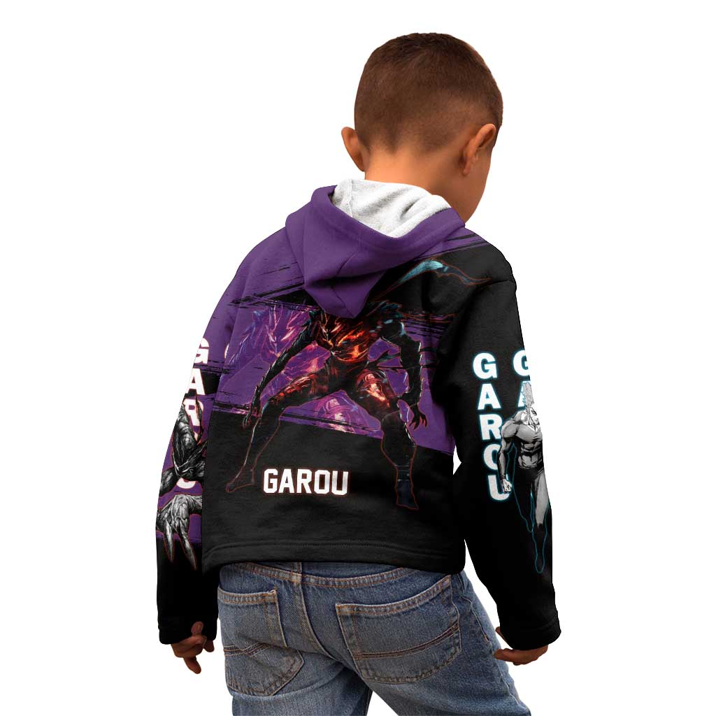 Garou One Punch Man Anime Purple and Black Theme Kid Hoodie with Hero and Monster Forms in Dynamic Battle Pose - The Mazicc