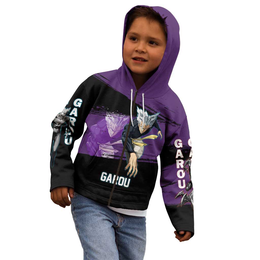Garou One Punch Man Anime Purple and Black Theme Kid Hoodie with Hero and Monster Forms in Dynamic Battle Pose - The Mazicc