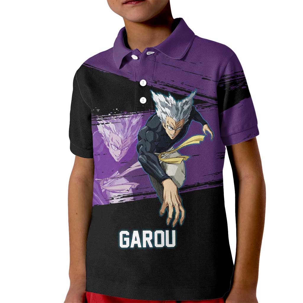 Garou One Punch Man Anime Purple and Black Theme Kid Polo Shirt with Hero and Monster Forms in Dynamic Battle Pose - The Mazicc