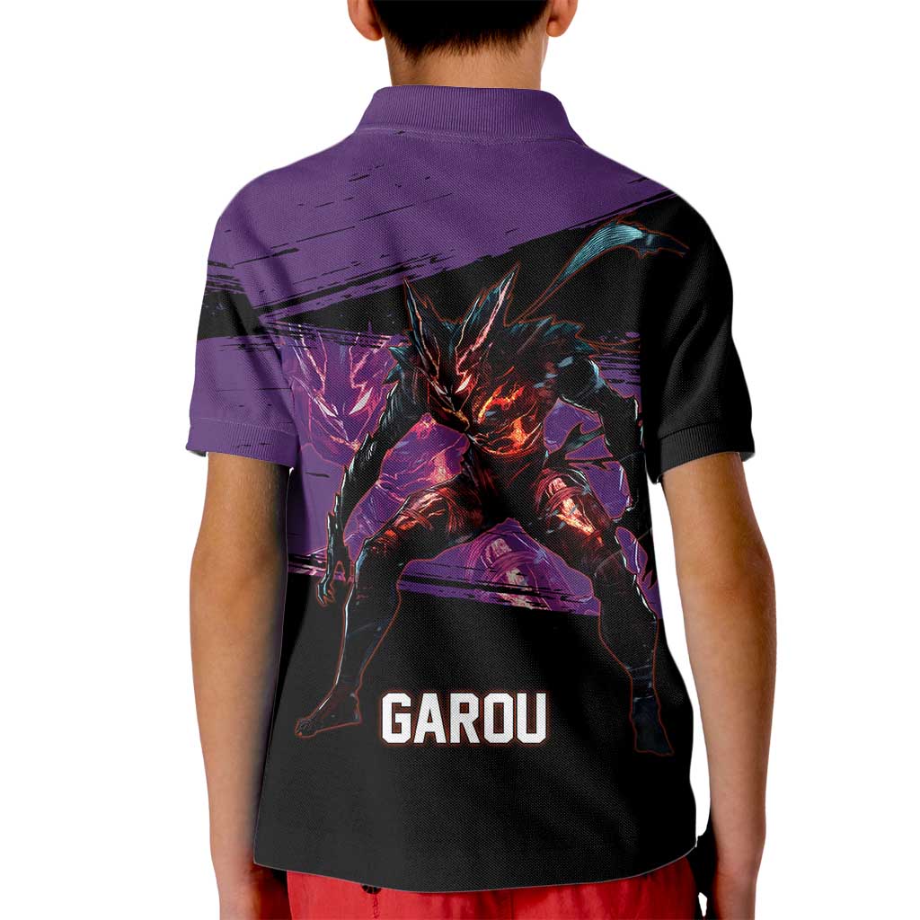 Garou One Punch Man Anime Purple and Black Theme Kid Polo Shirt with Hero and Monster Forms in Dynamic Battle Pose - The Mazicc