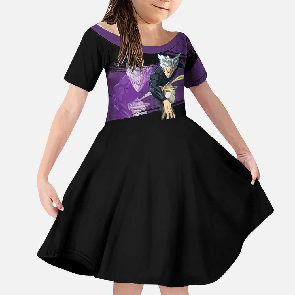 Garou One Punch Man Anime Purple and Black Theme Kid Short Sleeve Dress with Hero and Monster Forms in Dynamic Battle Pose - The Mazicc
