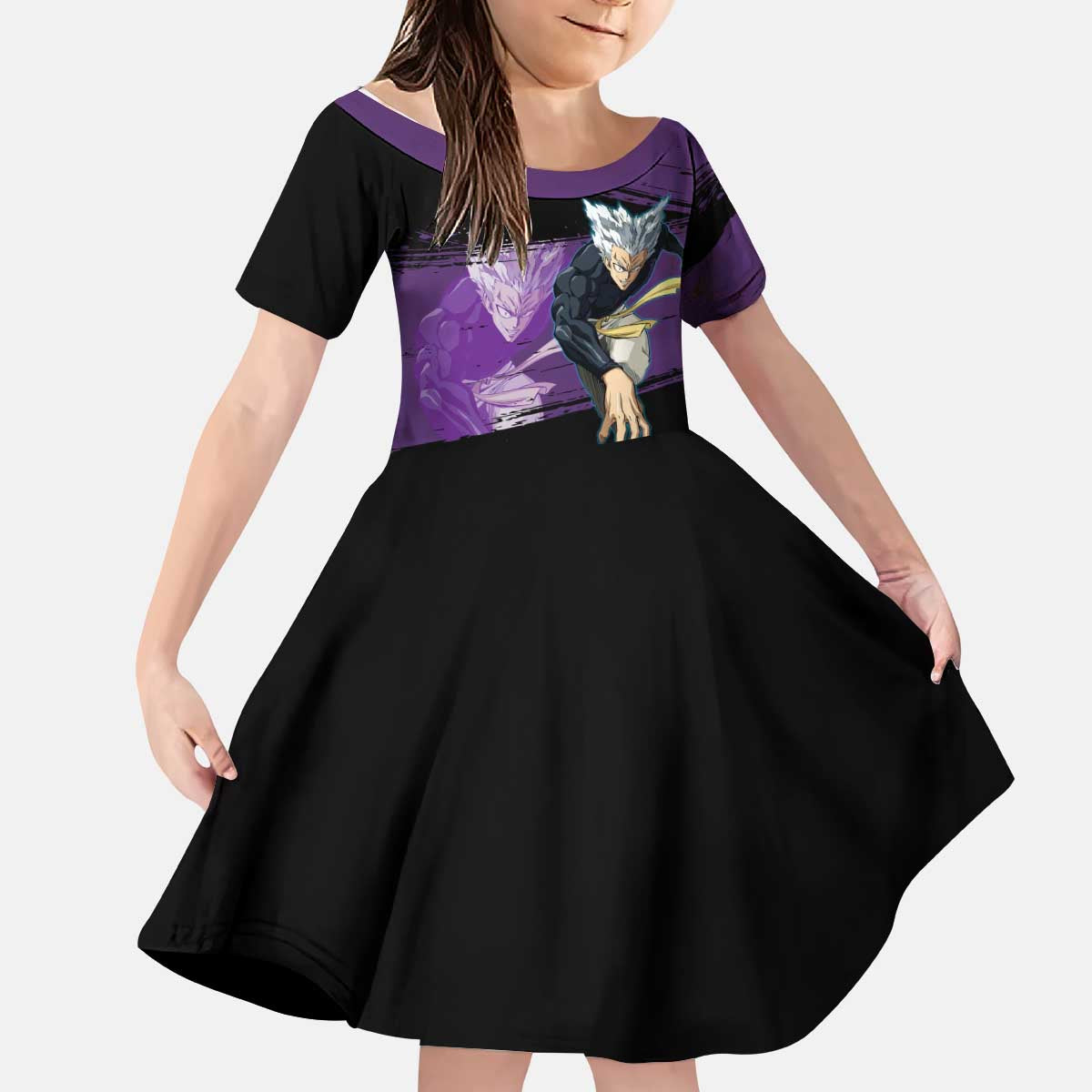 Garou One Punch Man Anime Purple and Black Theme Kid Short Sleeve Dress with Hero and Monster Forms in Dynamic Battle Pose - The Mazicc