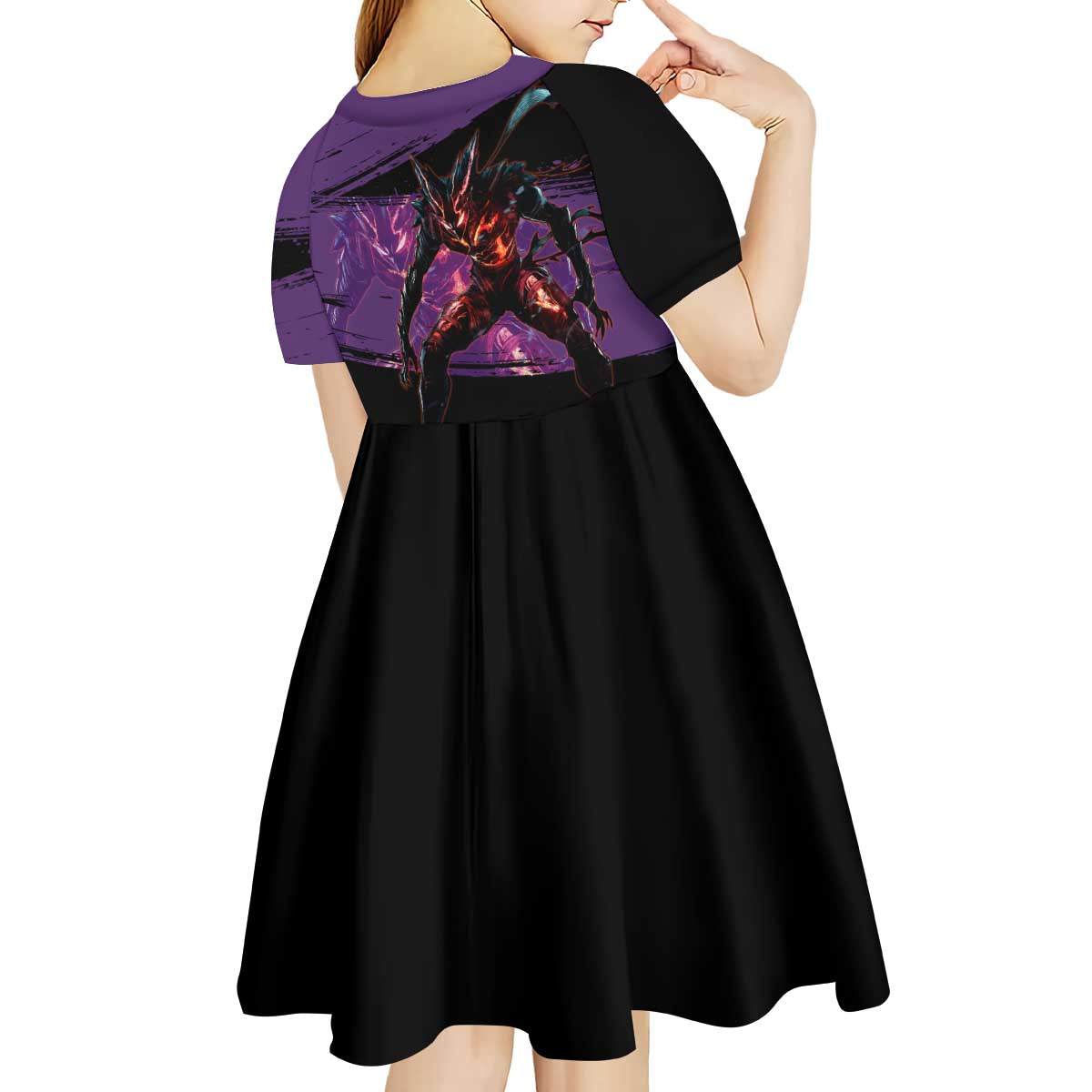 Garou One Punch Man Anime Purple and Black Theme Kid Short Sleeve Dress with Hero and Monster Forms in Dynamic Battle Pose - The Mazicc