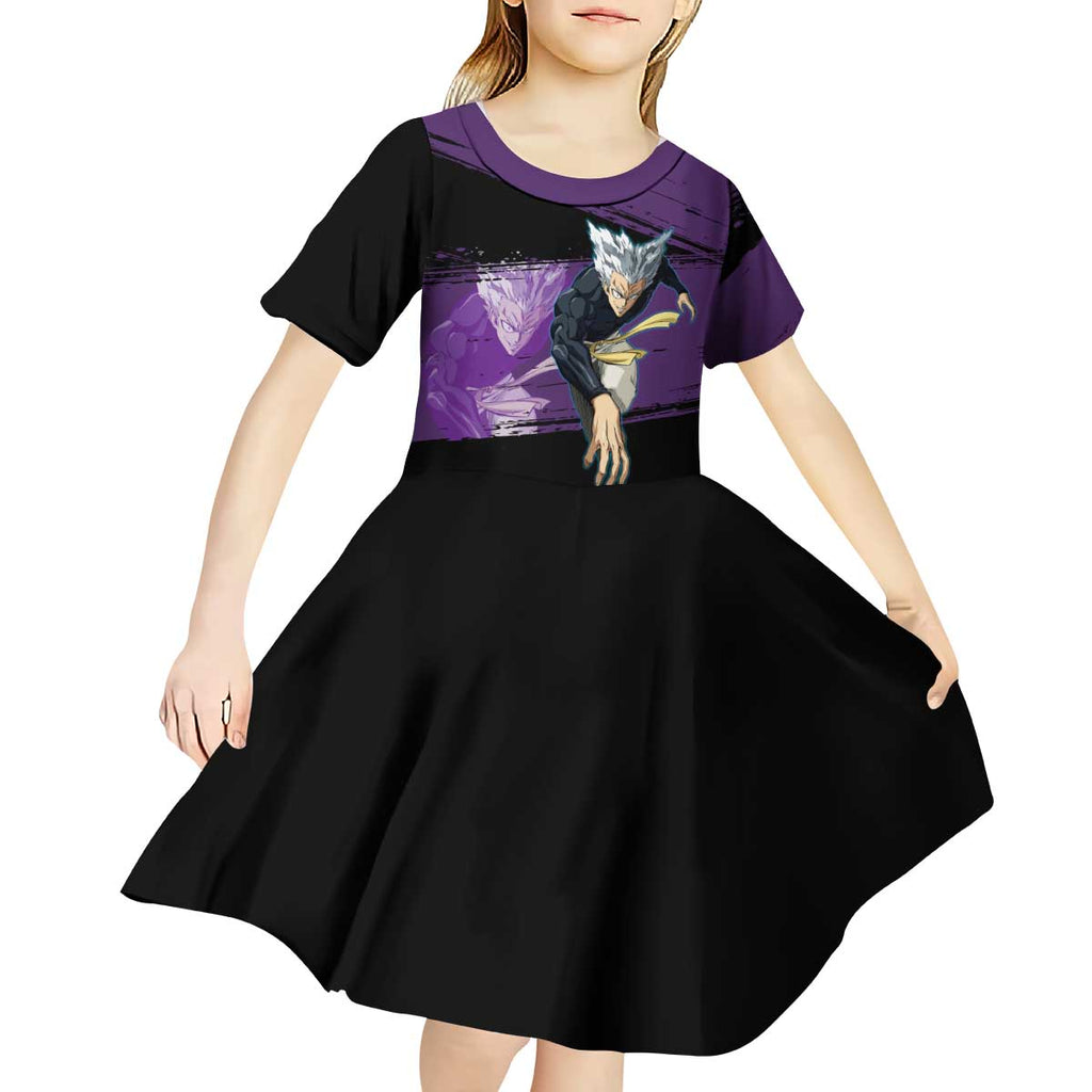Garou One Punch Man Anime Purple and Black Theme Kid Short Sleeve Dress with Hero and Monster Forms in Dynamic Battle Pose - The Mazicc