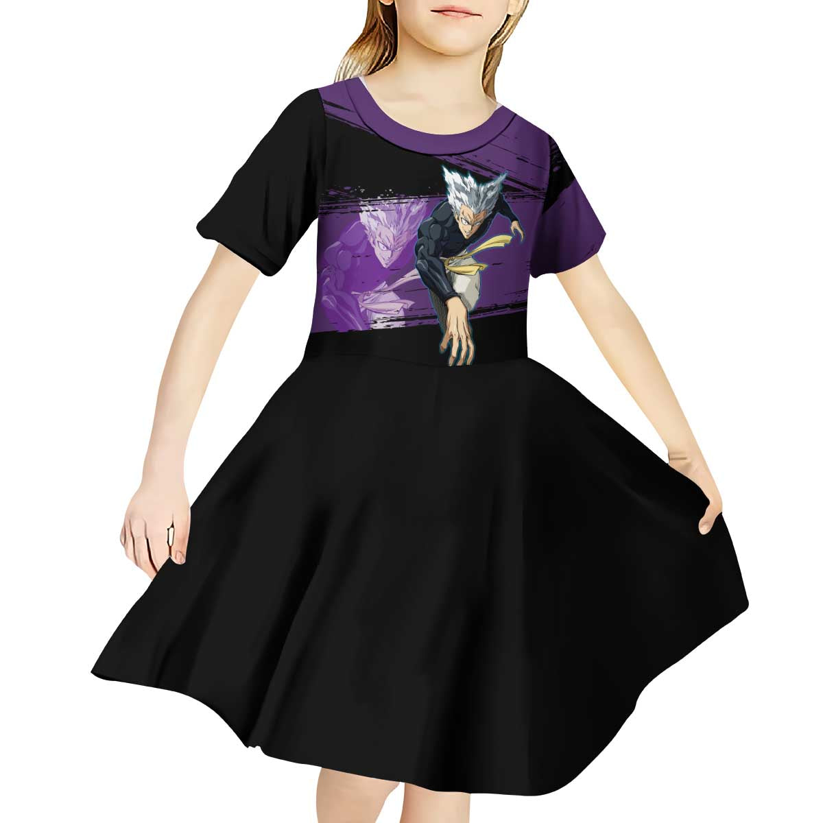 Garou One Punch Man Anime Purple and Black Theme Kid Short Sleeve Dress with Hero and Monster Forms in Dynamic Battle Pose - The Mazicc