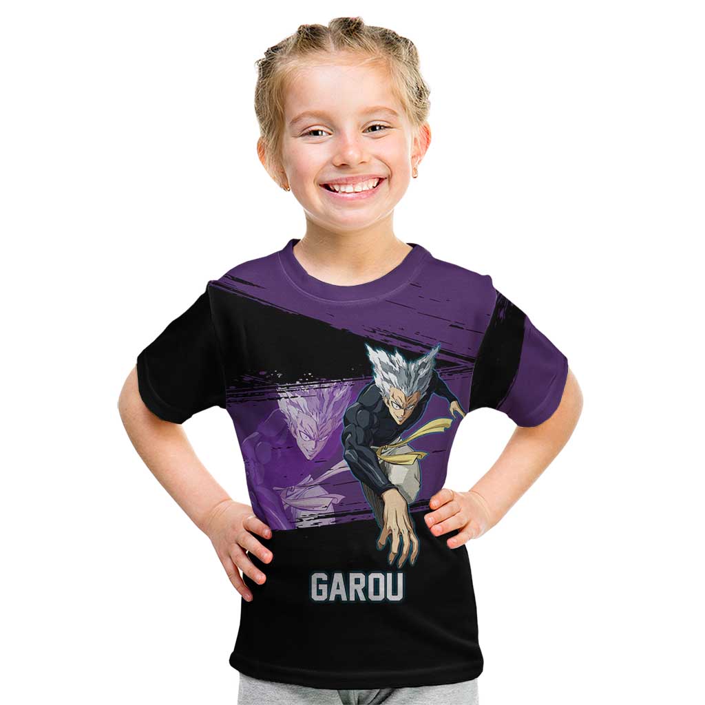 Garou One Punch Man Anime Purple and Black Theme Kid T Shirt with Hero and Monster Forms in Dynamic Battle Pose - The Mazicc