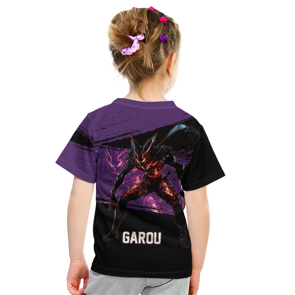 Garou One Punch Man Anime Purple and Black Theme Kid T Shirt with Hero and Monster Forms in Dynamic Battle Pose - The Mazicc