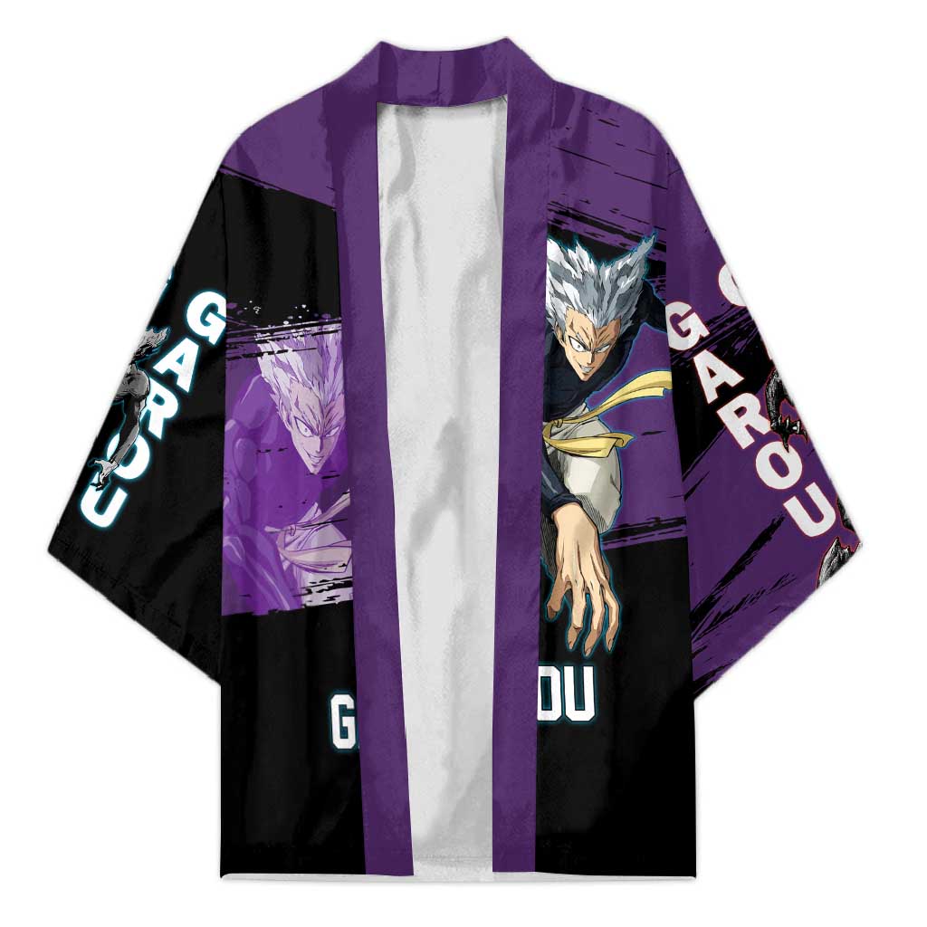 Garou One Punch Man Anime Purple and Black Theme Kimono with Hero and Monster Forms in Dynamic Battle Pose - The Mazicc