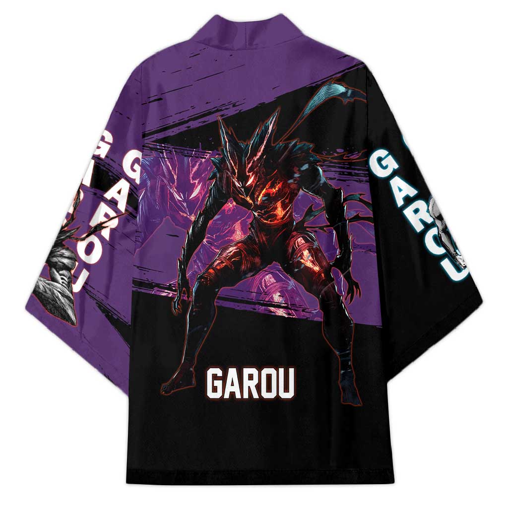 Garou One Punch Man Anime Purple and Black Theme Kimono with Hero and Monster Forms in Dynamic Battle Pose - The Mazicc