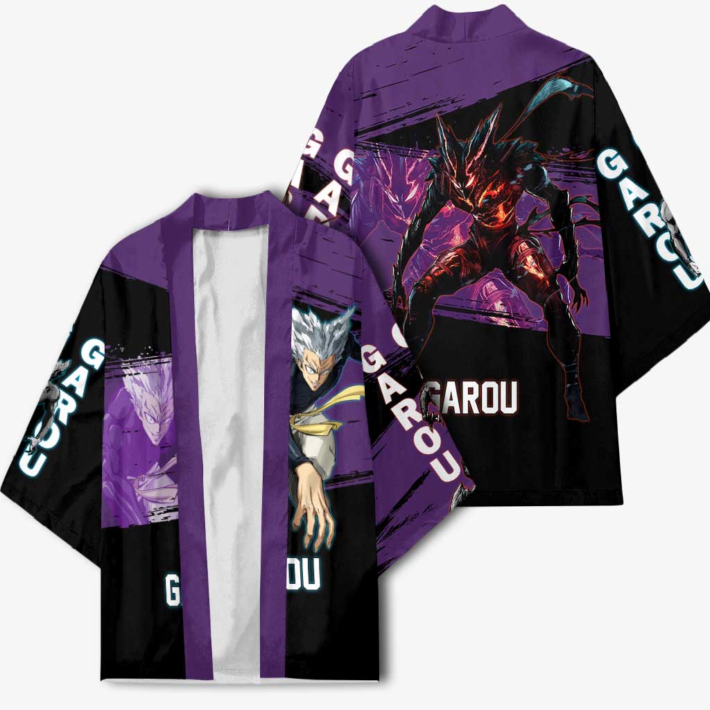 Garou One Punch Man Anime Purple and Black Theme Kimono with Hero and Monster Forms in Dynamic Battle Pose - The Mazicc