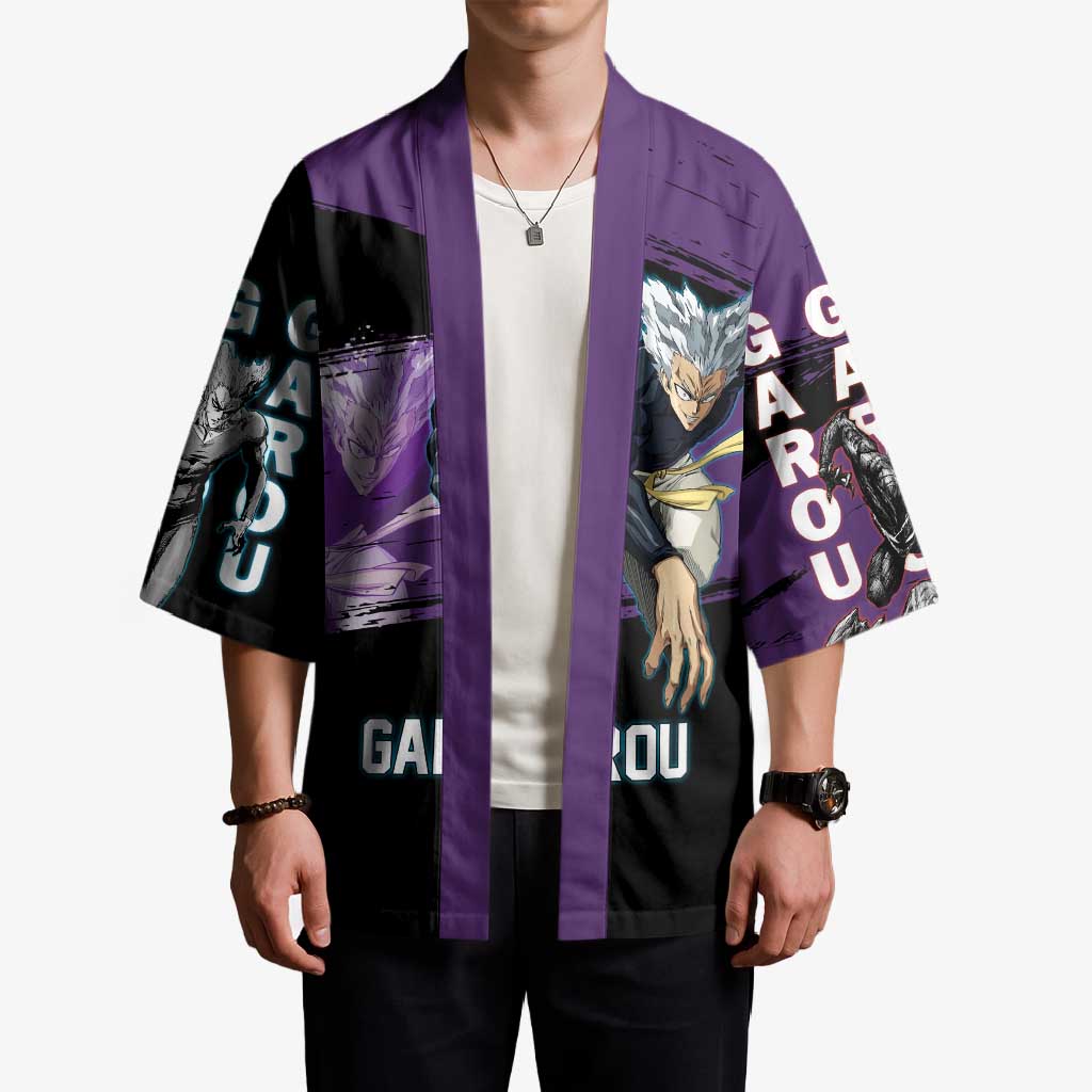 Garou One Punch Man Anime Purple and Black Theme Kimono with Hero and Monster Forms in Dynamic Battle Pose - The Mazicc