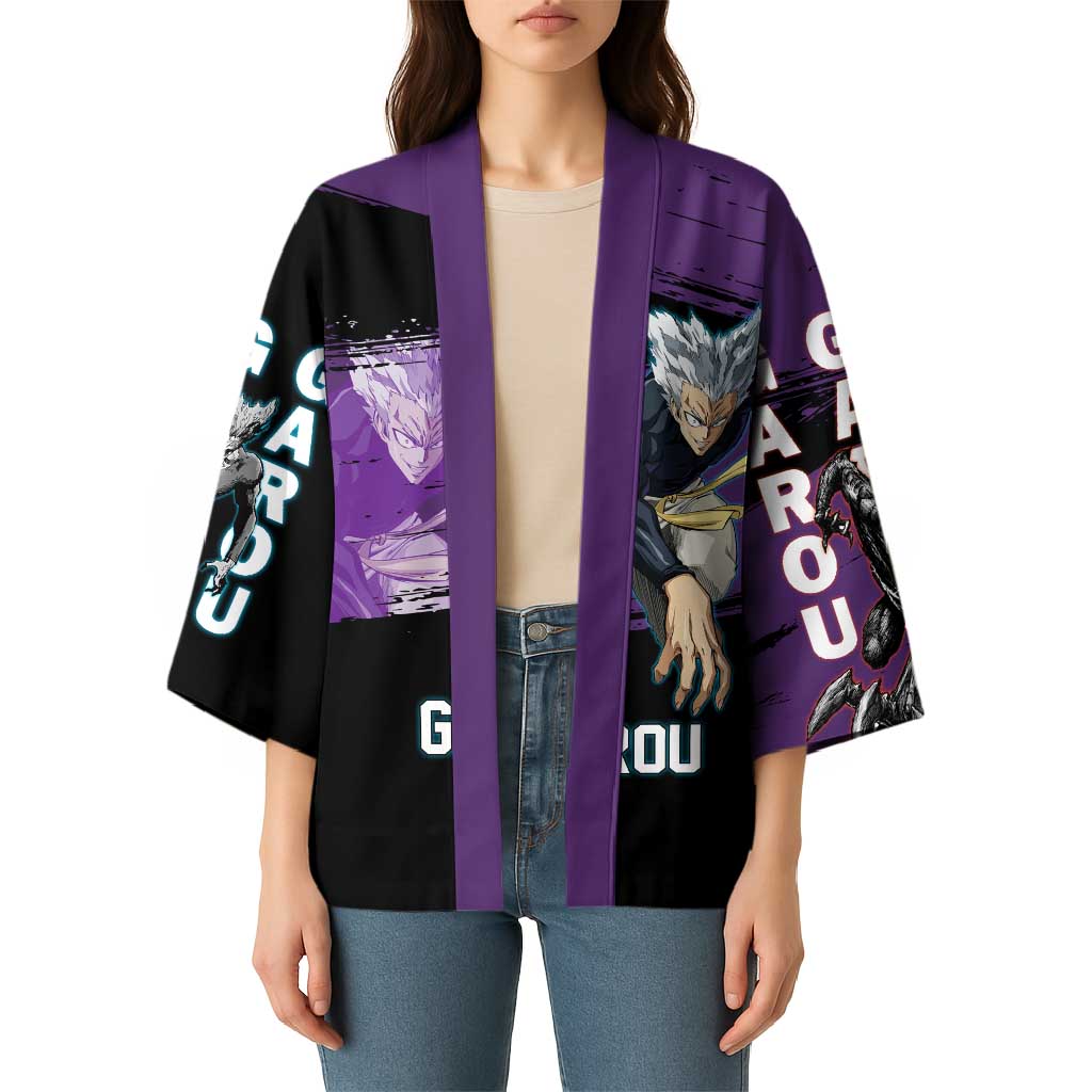 Garou One Punch Man Anime Purple and Black Theme Kimono with Hero and Monster Forms in Dynamic Battle Pose - The Mazicc