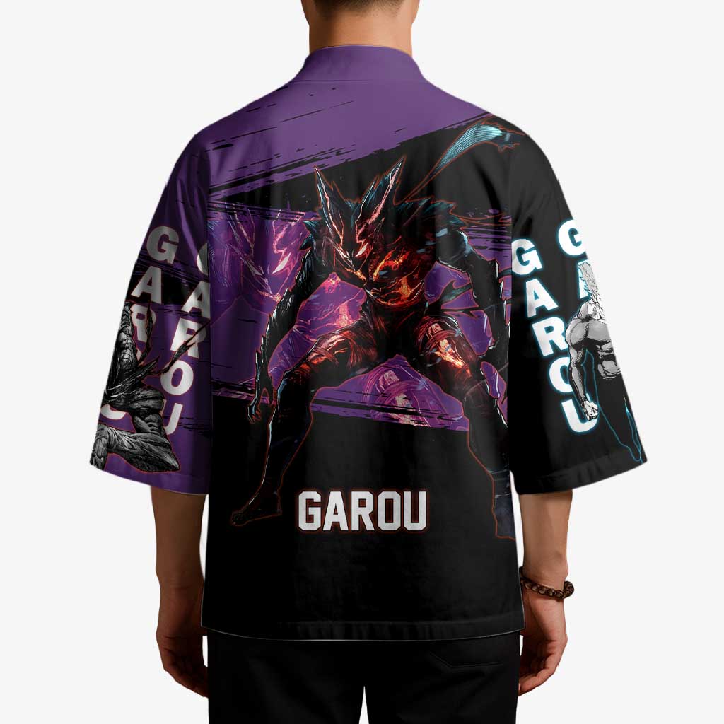 Garou One Punch Man Anime Purple and Black Theme Kimono with Hero and Monster Forms in Dynamic Battle Pose - The Mazicc