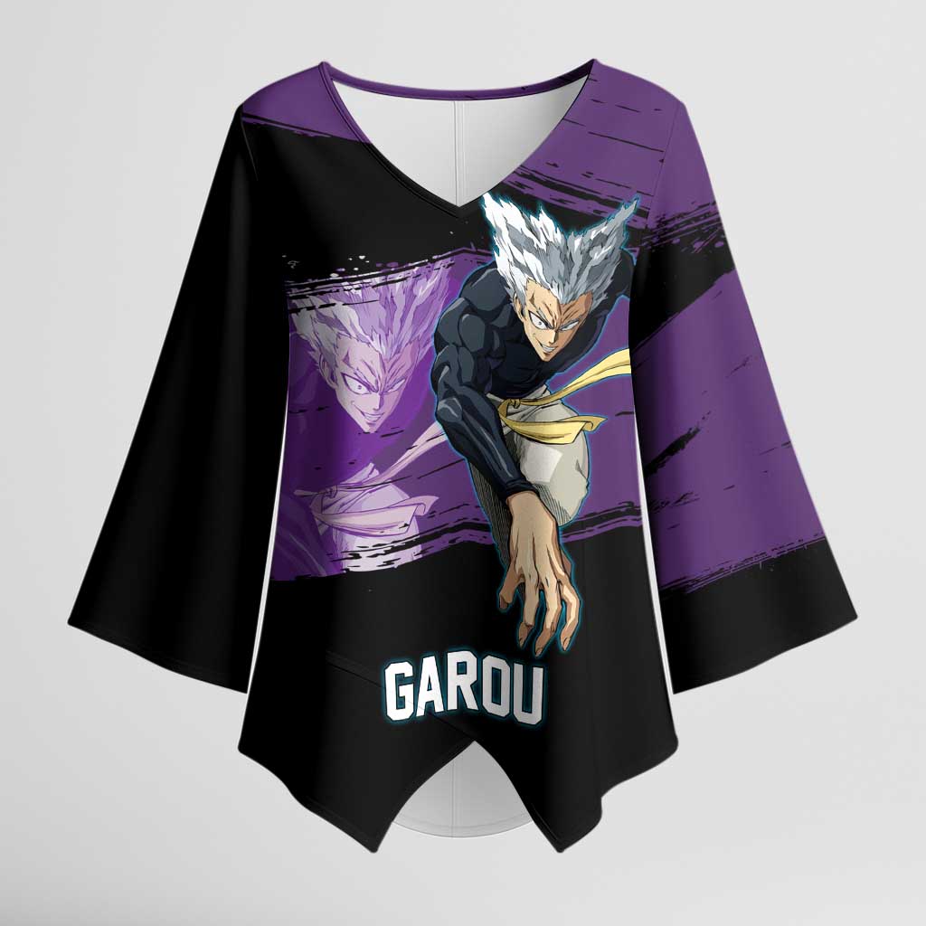 Garou One Punch Man Anime Purple and Black Theme Kimono Sleeve Blouse with Hero and Monster Forms in Dynamic Battle Pose - The Mazicc