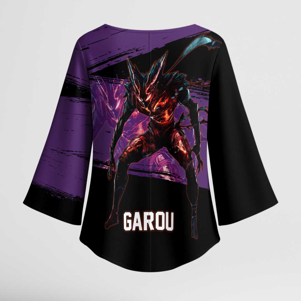 Garou One Punch Man Anime Purple and Black Theme Kimono Sleeve Blouse with Hero and Monster Forms in Dynamic Battle Pose - The Mazicc