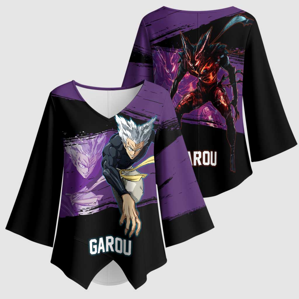 Garou One Punch Man Anime Purple and Black Theme Kimono Sleeve Blouse with Hero and Monster Forms in Dynamic Battle Pose - The Mazicc