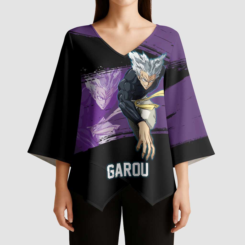 Garou One Punch Man Anime Purple and Black Theme Kimono Sleeve Blouse with Hero and Monster Forms in Dynamic Battle Pose - The Mazicc