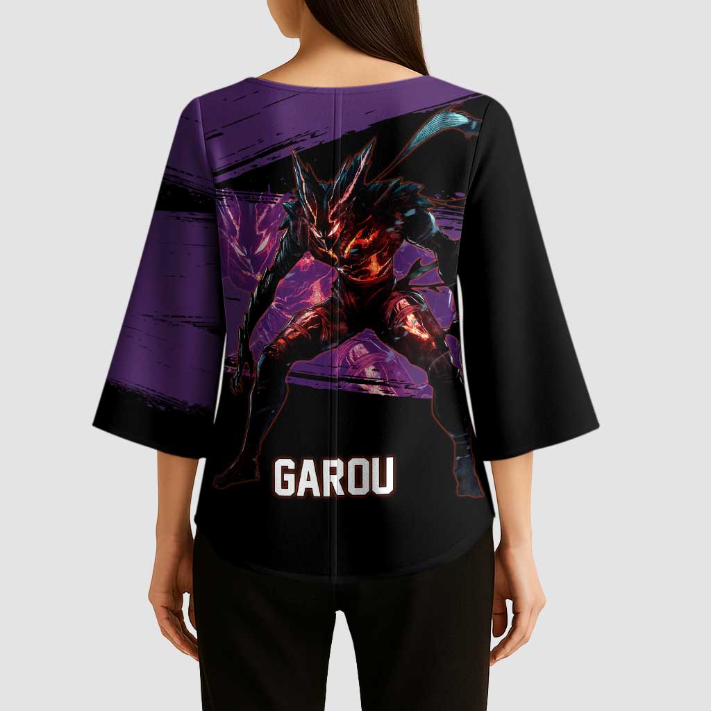Garou One Punch Man Anime Purple and Black Theme Kimono Sleeve Blouse with Hero and Monster Forms in Dynamic Battle Pose - The Mazicc