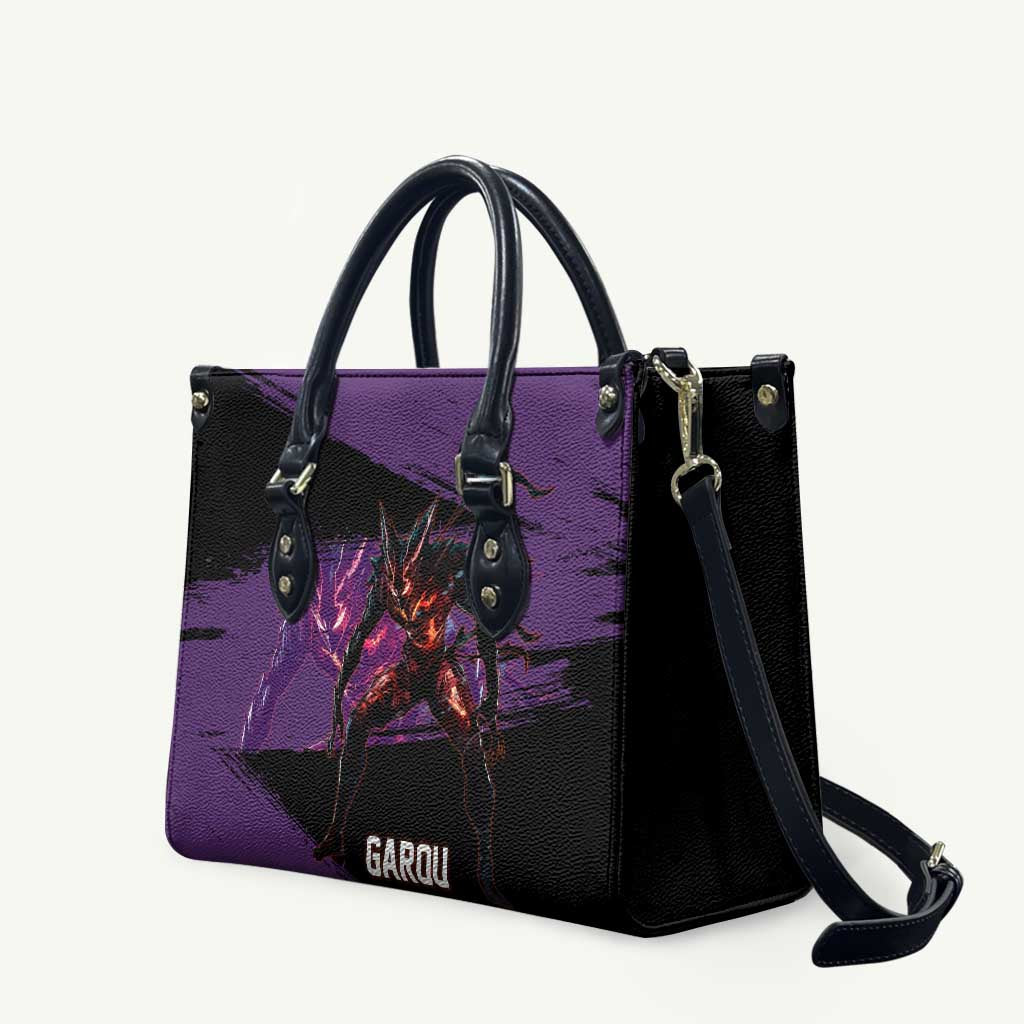 Garou One Punch Man Anime Purple and Black Theme Leather Bag with Hero and Monster Forms in Dynamic Battle Pose - The Mazicc